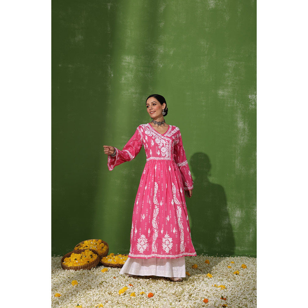 House of Chikankari Mira Chikankari Pink Mulmul Angrakha Kurta
