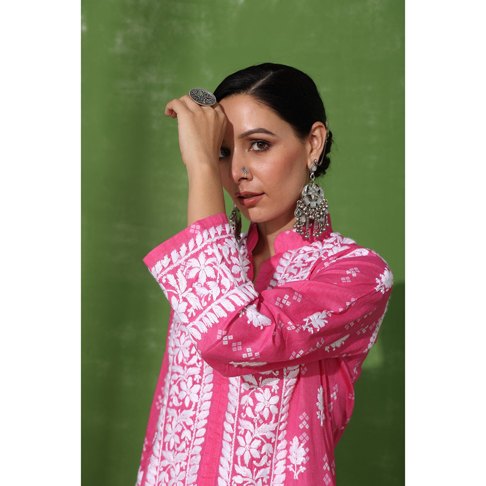 House of Chikankari Mira Chikankari Pink Mulmul Angrakha Kurta