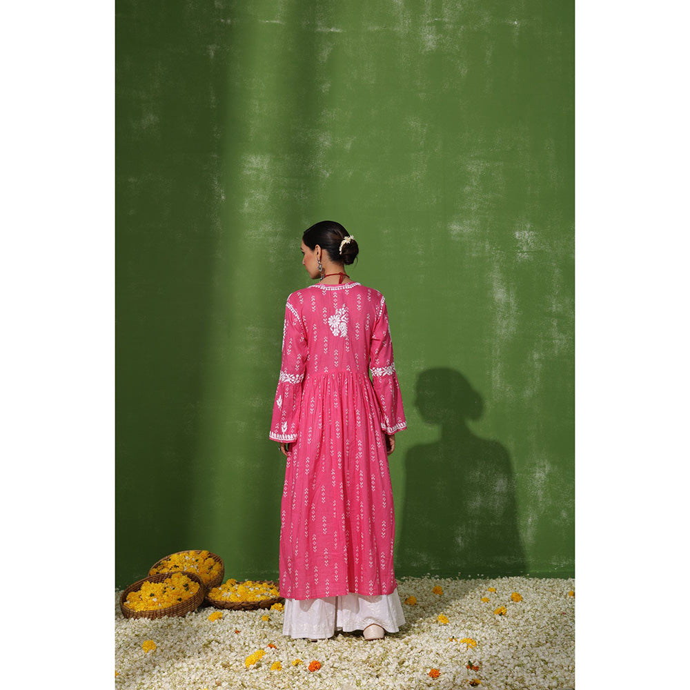 House of Chikankari Mira Chikankari Pink Mulmul Angrakha Kurta