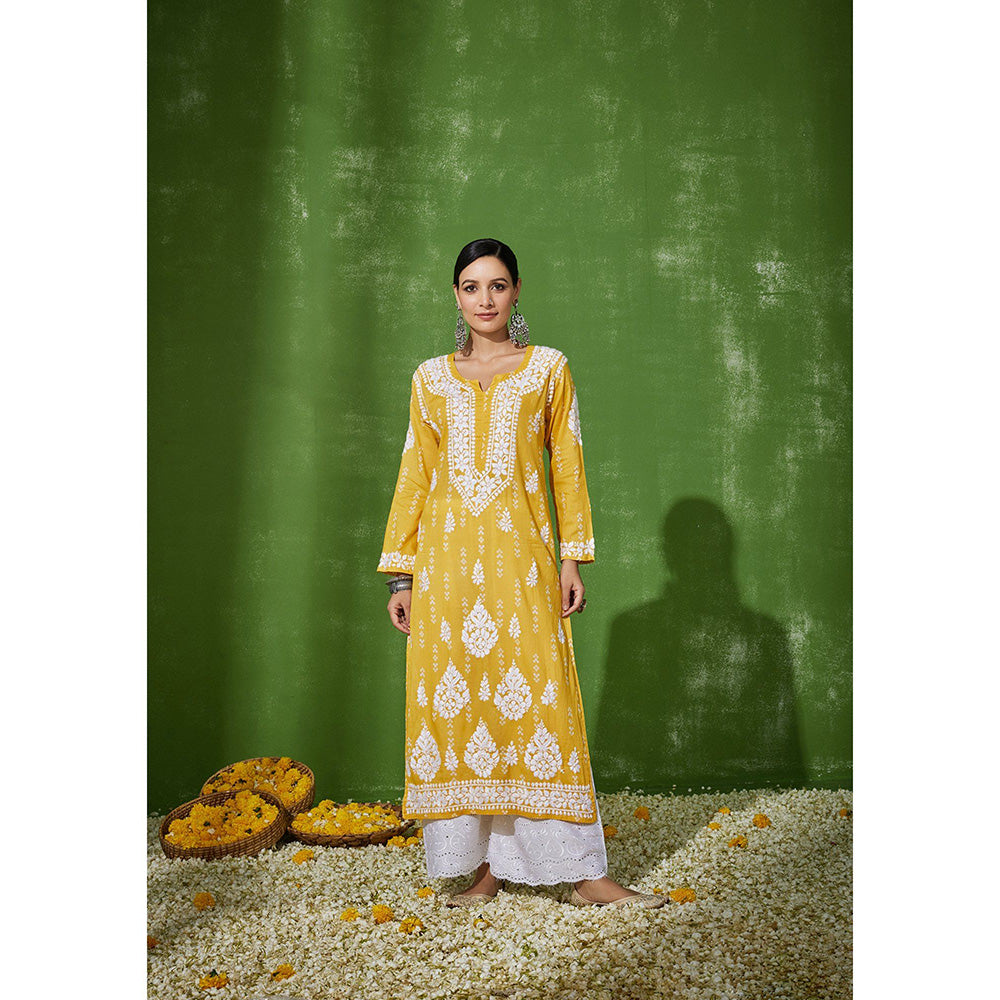 House of Chikankari Mira Chikankari Yellow Mulmul Straight Kurta