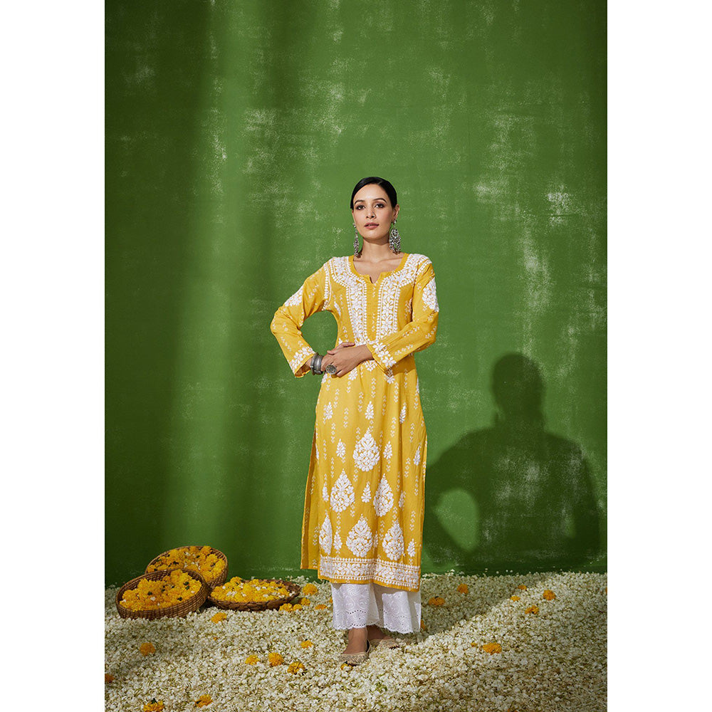 House of Chikankari Mira Chikankari Yellow Mulmul Straight Kurta