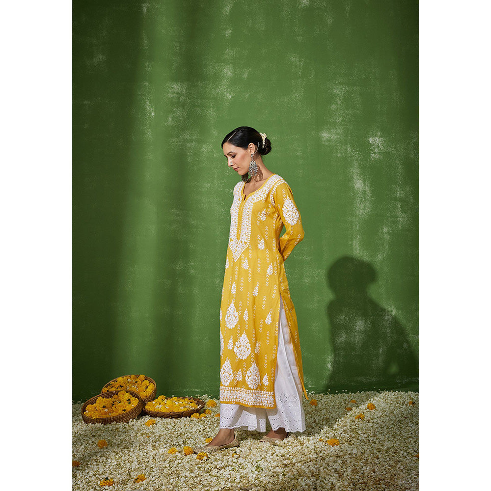 House of Chikankari Mira Chikankari Yellow Mulmul Straight Kurta