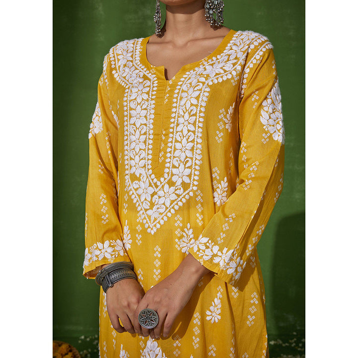 House of Chikankari Mira Chikankari Yellow Mulmul Straight Kurta