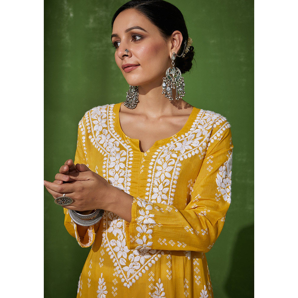 House of Chikankari Mira Chikankari Yellow Mulmul Straight Kurta