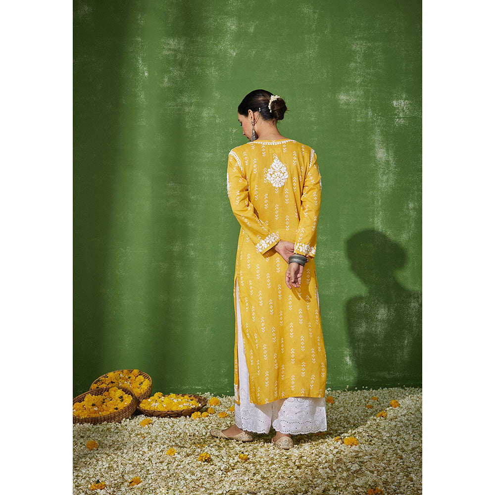 House of Chikankari Mira Chikankari Yellow Mulmul Straight Kurta