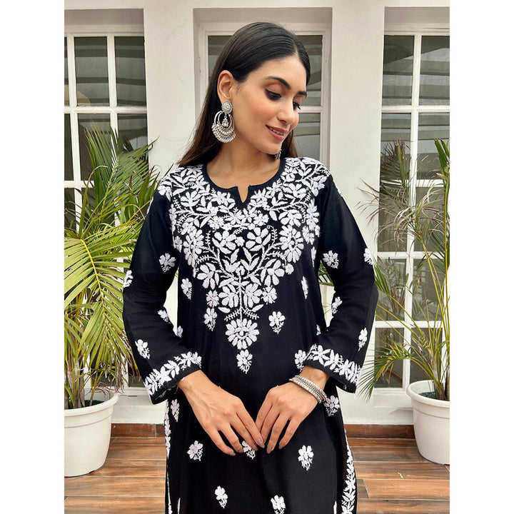 House of Chikankari Nida Chikankari Black Cotton Straight Kurta