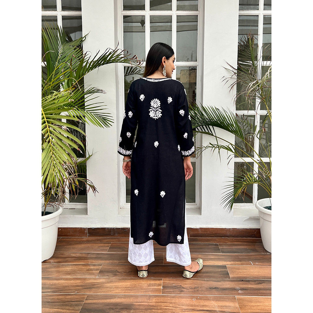 House of Chikankari Nida Chikankari Black Cotton Straight Kurta