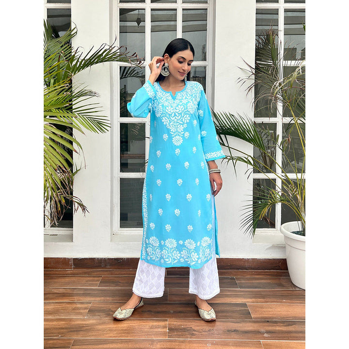 House of Chikankari Nida Chikankari Blue Cotton Straight Kurta