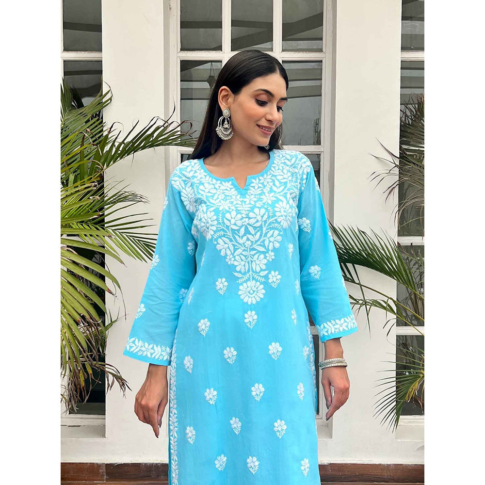 House of Chikankari Nida Chikankari Blue Cotton Straight Kurta