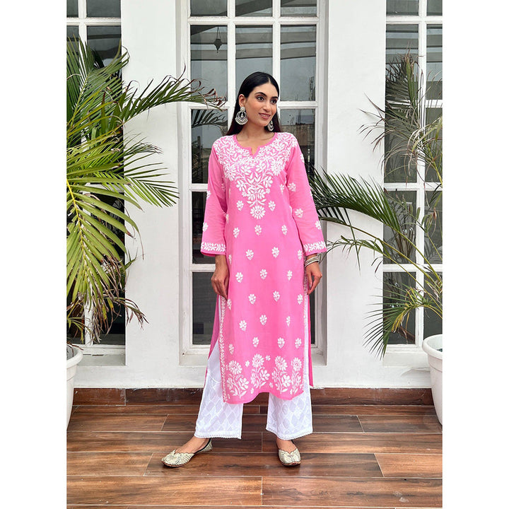 House of Chikankari Nida Chikankari Pink Cotton Straight Kurta