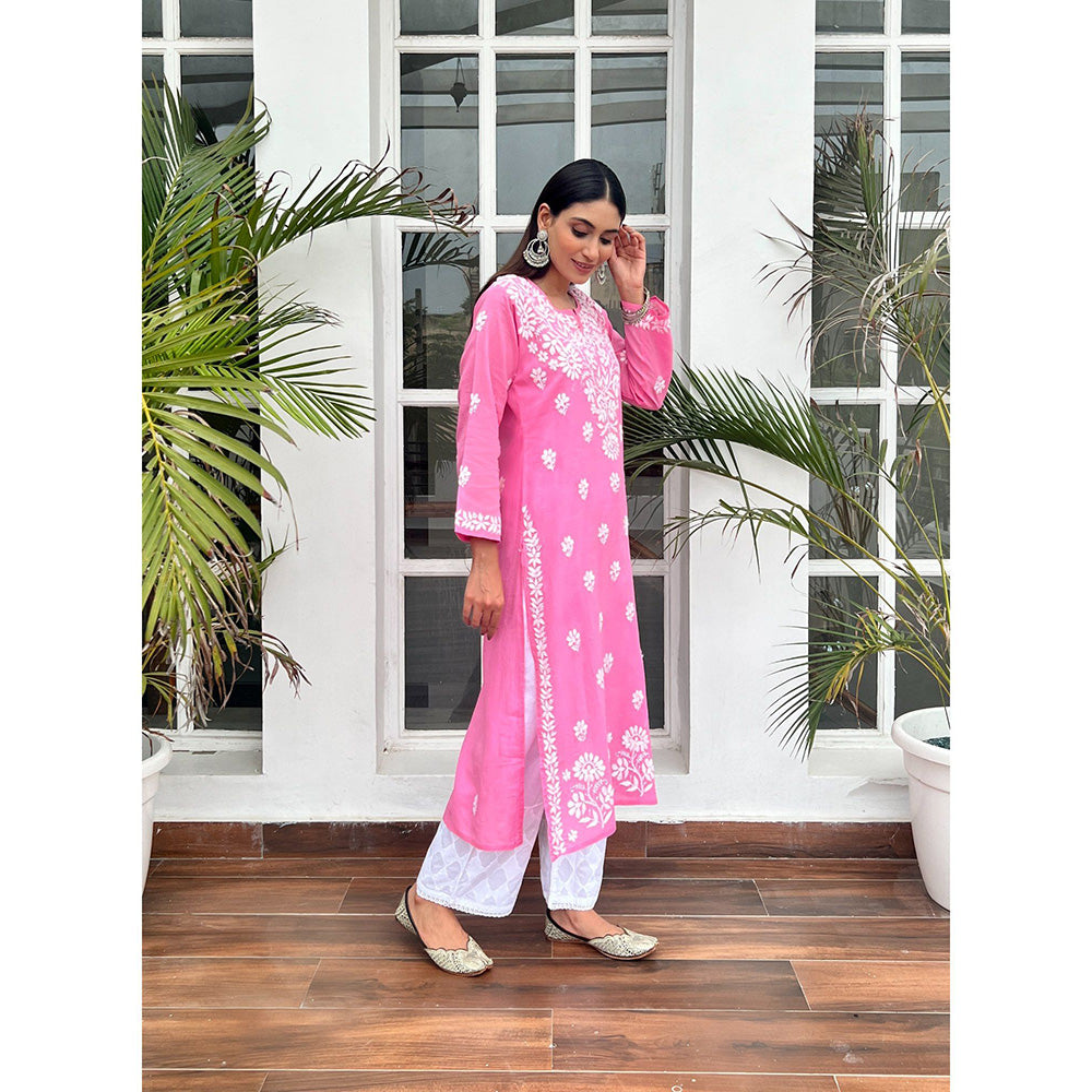 House of Chikankari Nida Chikankari Pink Cotton Straight Kurta