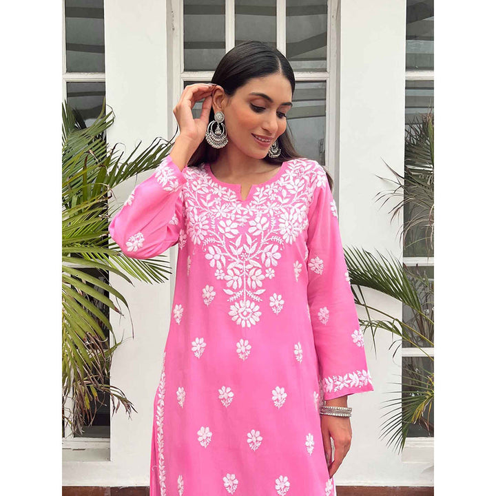 House of Chikankari Nida Chikankari Pink Cotton Straight Kurta