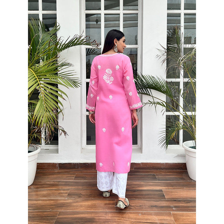 House of Chikankari Nida Chikankari Pink Cotton Straight Kurta