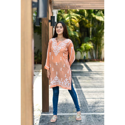 House of Chikankari Sara Chikankari Orange Modal Straight Short Kurta