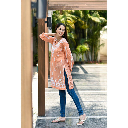 House of Chikankari Sara Chikankari Orange Modal Straight Short Kurta