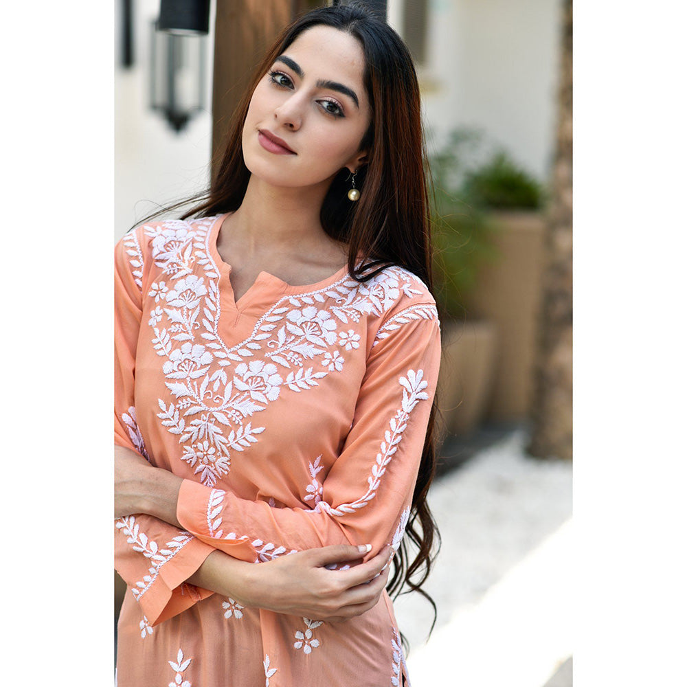 House of Chikankari Sara Chikankari Orange Modal Straight Short Kurta