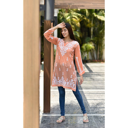 House of Chikankari Sara Chikankari Orange Modal Straight Short Kurta