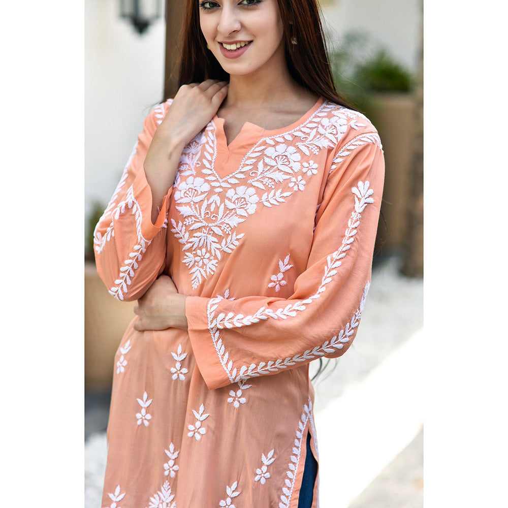 House of Chikankari Sara Chikankari Orange Modal Straight Short Kurta
