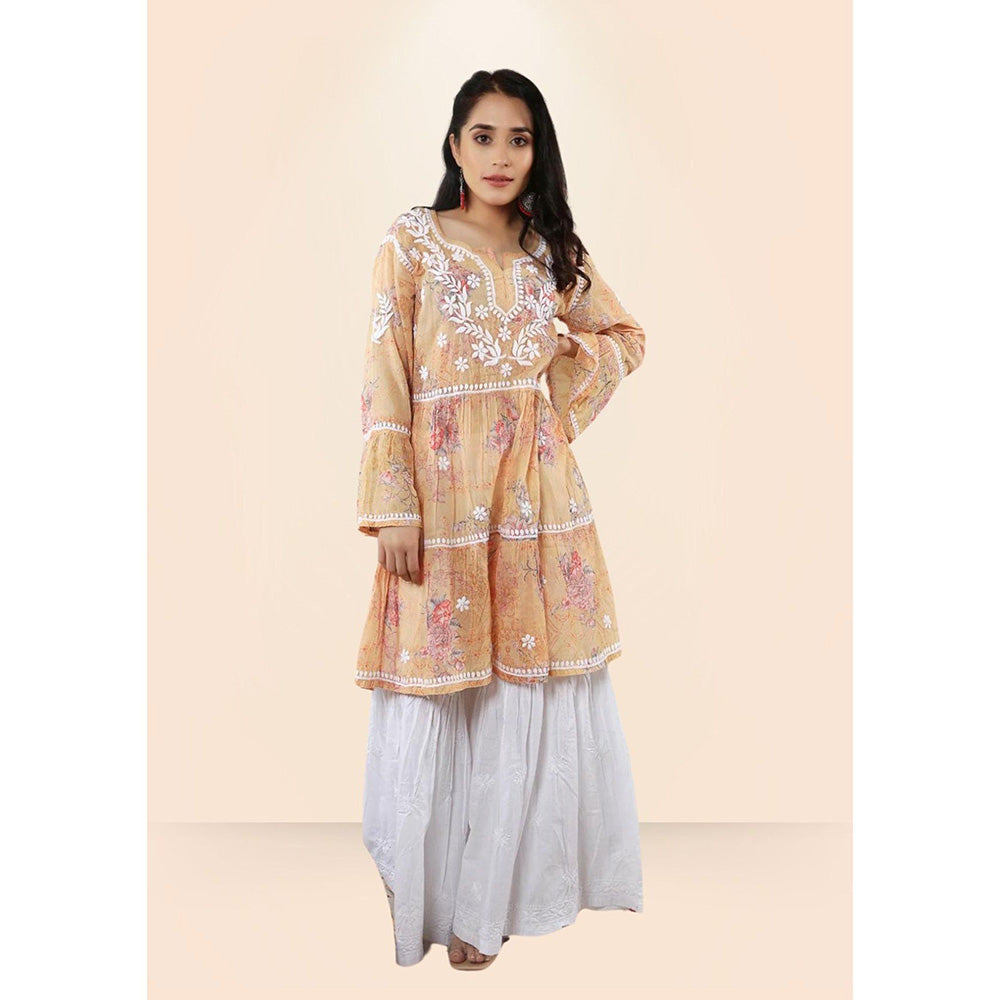 House of Chikankari Eliza Chikankari Orange Mulmul Anarkali Short Kurta