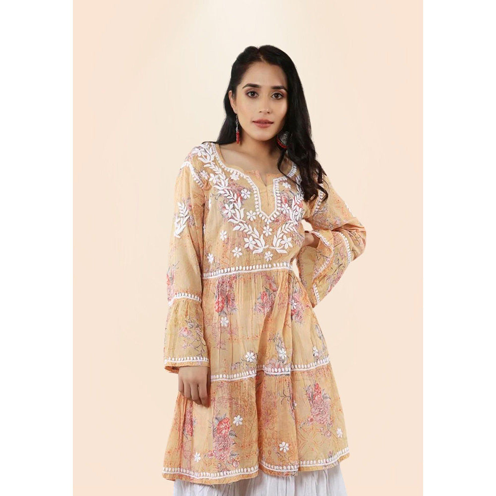 House of Chikankari Eliza Chikankari Orange Mulmul Anarkali Short Kurta