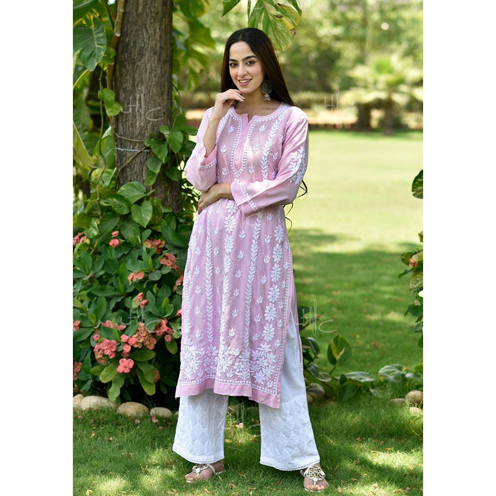 House of Chikankari Basima Chikankari Pink Modal Straight Kurta