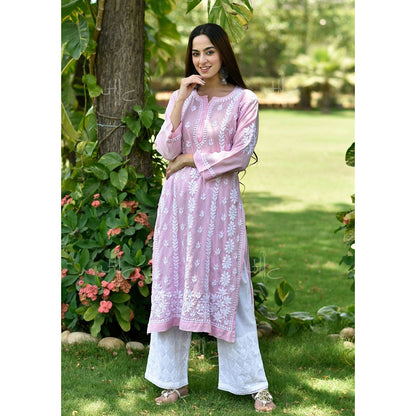 House of Chikankari Basima Chikankari Pink Modal Straight Kurta