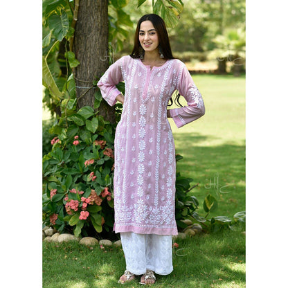 House of Chikankari Basima Chikankari Pink Modal Straight Kurta