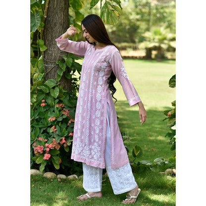 House of Chikankari Basima Chikankari Pink Modal Straight Kurta