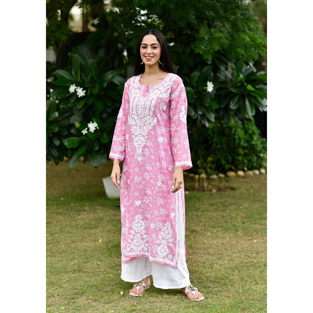 House of Chikankari Marwa Chikankari Pink Mulmul Straight Kurta