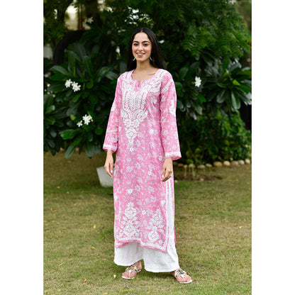 House of Chikankari Marwa Chikankari Pink Mulmul Straight Kurta