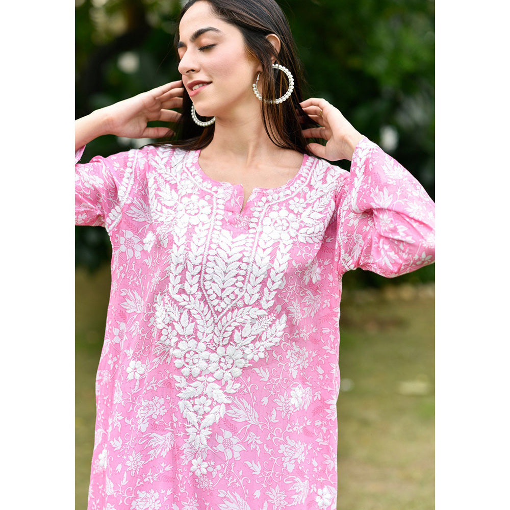 House of Chikankari Marwa Chikankari Pink Mulmul Straight Kurta