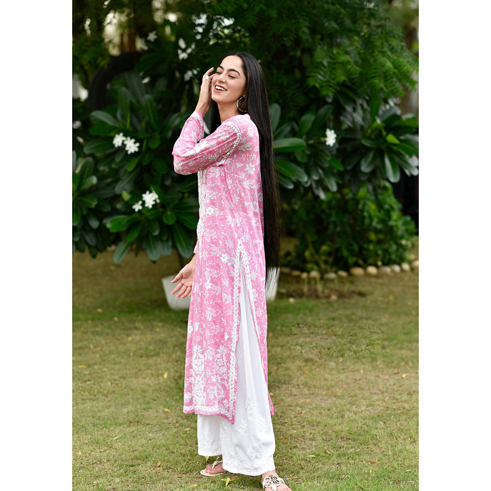 House of Chikankari Marwa Chikankari Pink Mulmul Straight Kurta