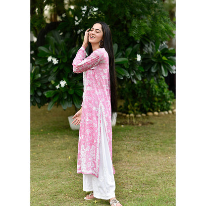 House of Chikankari Marwa Chikankari Pink Mulmul Straight Kurta