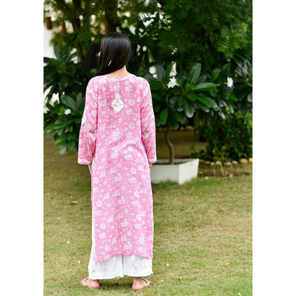 House of Chikankari Marwa Chikankari Pink Mulmul Straight Kurta