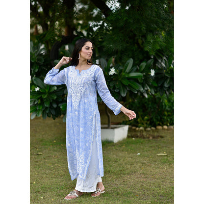 House of Chikankari Marwa Chikankari Blue Mulmul Straight Kurta