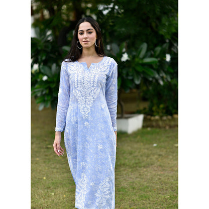 House of Chikankari Marwa Chikankari Blue Mulmul Straight Kurta