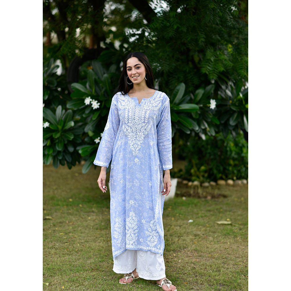 House of Chikankari Marwa Chikankari Blue Mulmul Straight Kurta