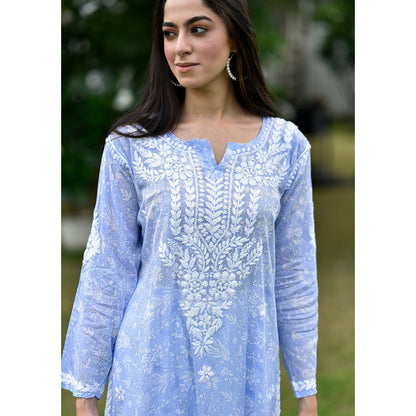 House of Chikankari Marwa Chikankari Blue Mulmul Straight Kurta