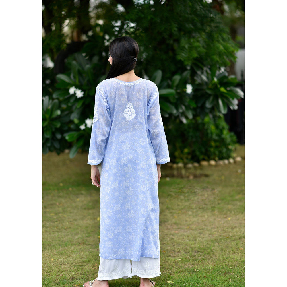 House of Chikankari Marwa Chikankari Blue Mulmul Straight Kurta
