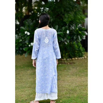 House of Chikankari Marwa Chikankari Blue Mulmul Straight Kurta