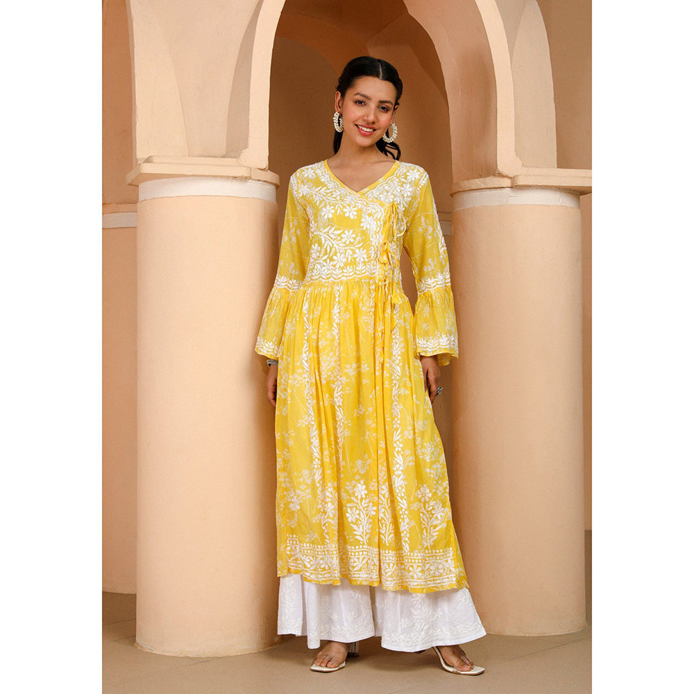 House of Chikankari Zainab Chikankari Yellow Mulmul Angrakha Kurta