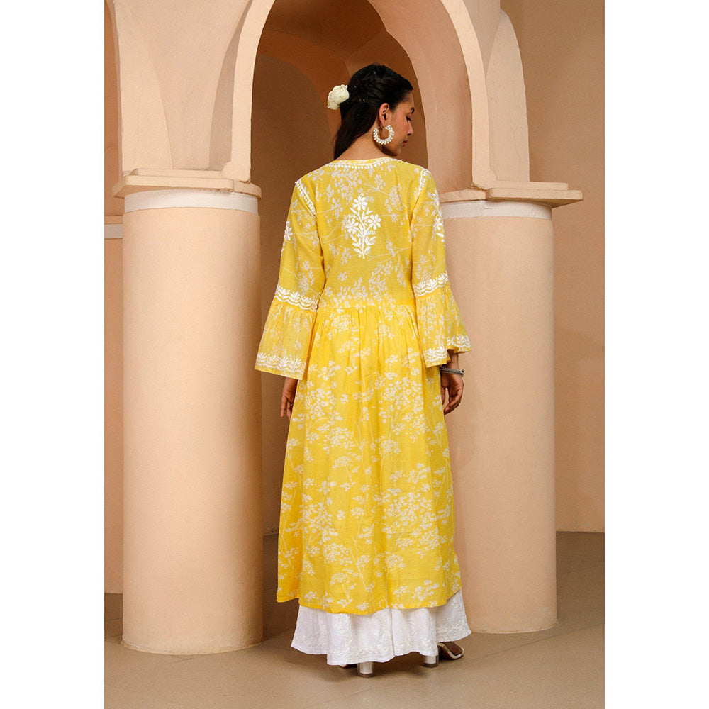 House of Chikankari Zainab Chikankari Yellow Mulmul Angrakha Kurta