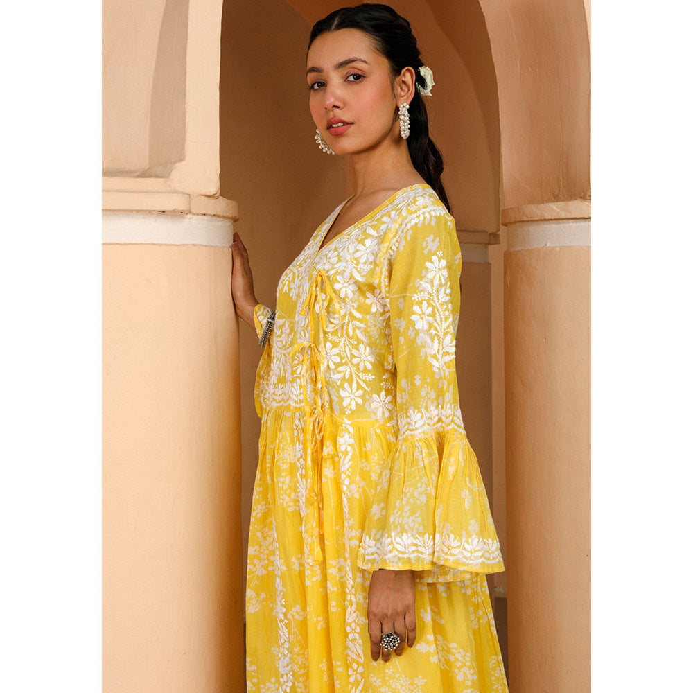 House of Chikankari Zainab Chikankari Yellow Mulmul Angrakha Kurta