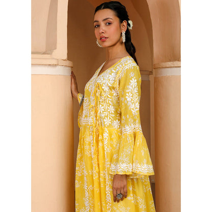 House of Chikankari Zainab Chikankari Yellow Mulmul Angrakha Kurta