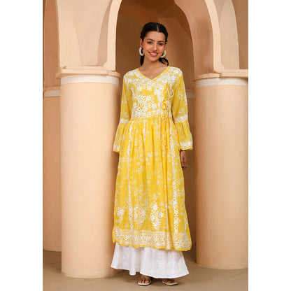 House of Chikankari Zainab Chikankari Yellow Mulmul Angrakha Kurta