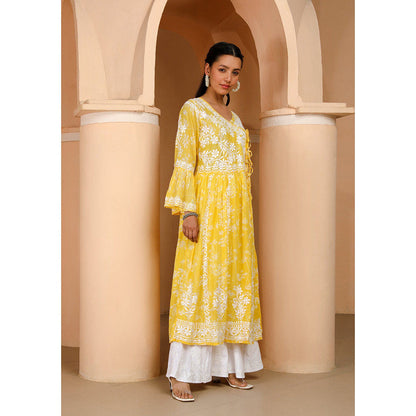 House of Chikankari Zainab Chikankari Yellow Mulmul Angrakha Kurta