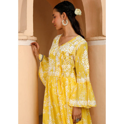 House of Chikankari Zainab Chikankari Yellow Mulmul Angrakha Kurta
