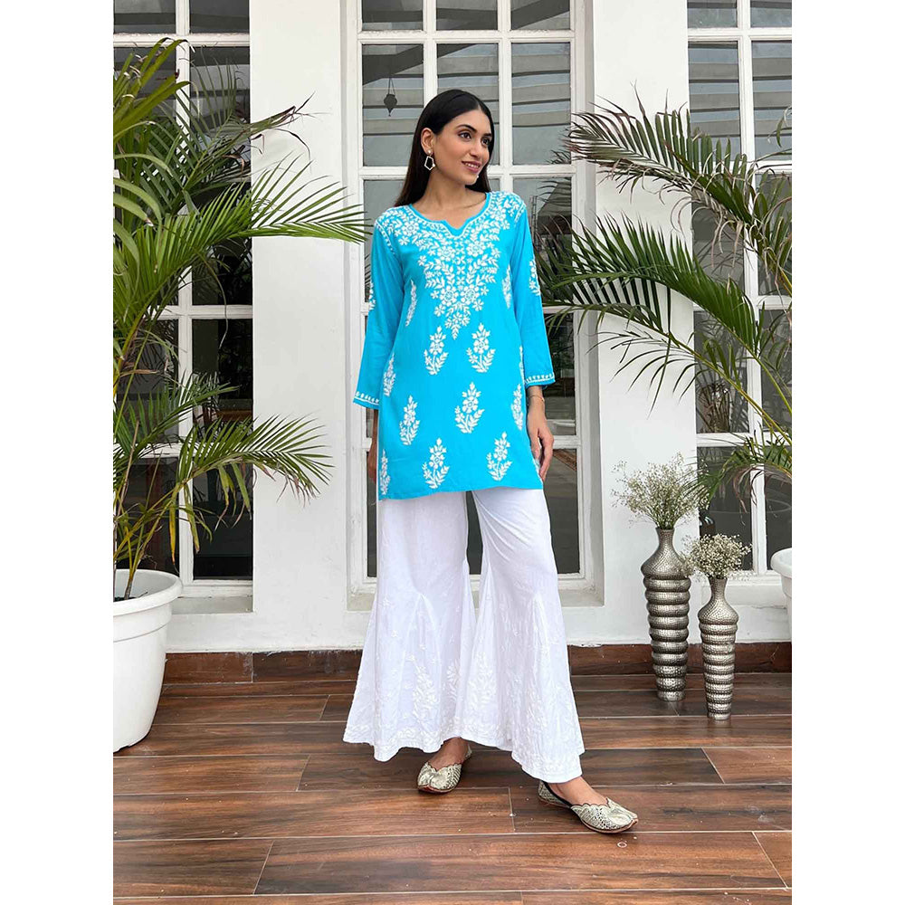 House of Chikankari Hamna Chikankari Blue Rayon Straight Short Kurta