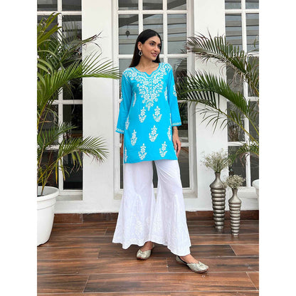 House of Chikankari Hamna Chikankari Blue Rayon Straight Short Kurta