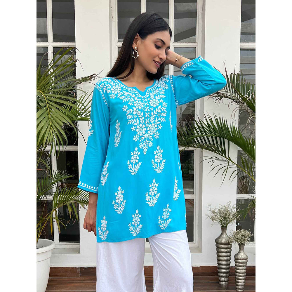House of Chikankari Hamna Chikankari Blue Rayon Straight Short Kurta
